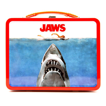 Lunch box with 'JAWS' design featuring a shark and people in the water. Vintage Lunch Boxes 70's. Vintage metal lunchboxes 80's.